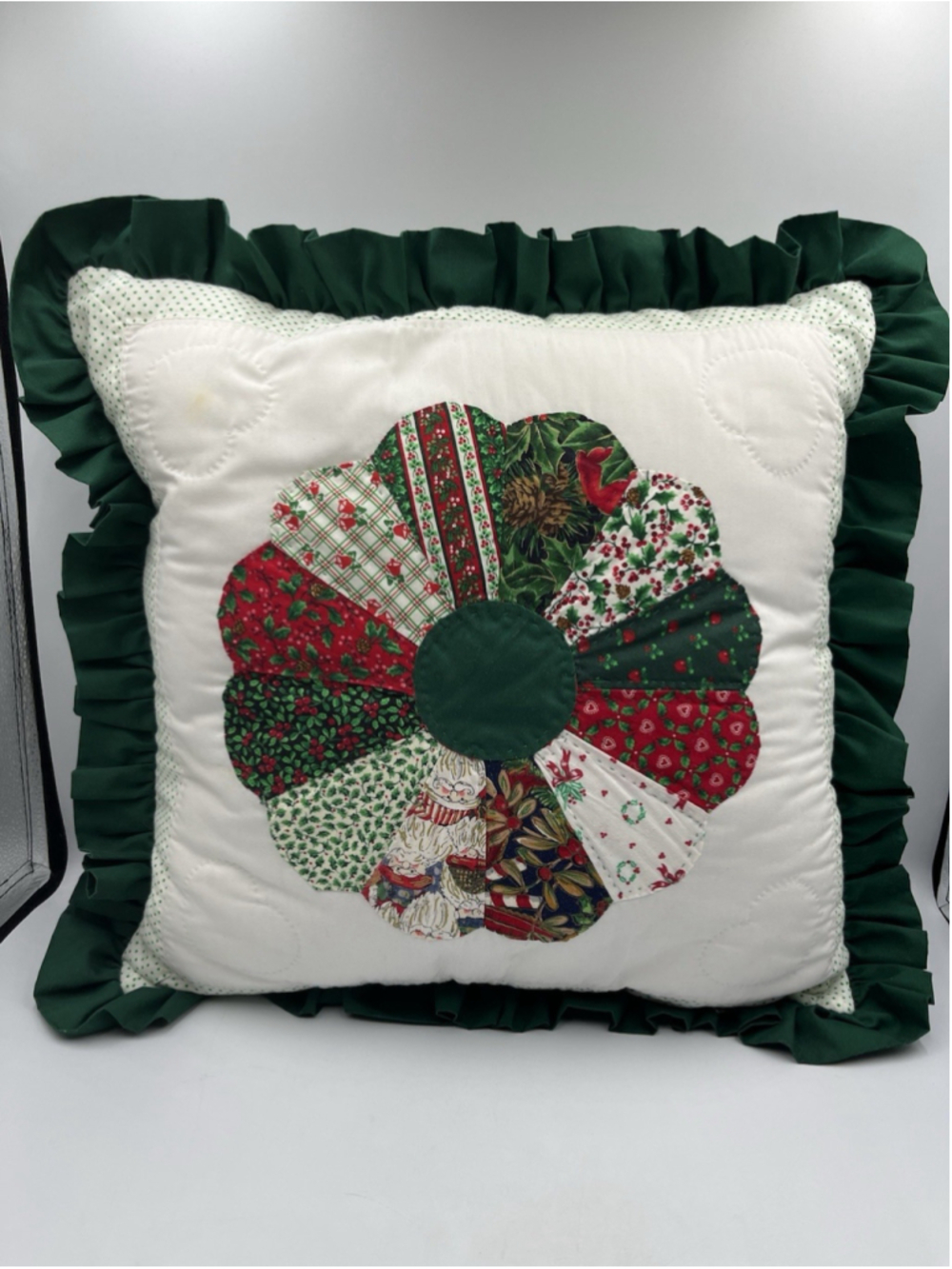 VTG Christmas Wreath Pillow 1980's Embroidery Holiday TOSS PILLOW SEE ALL